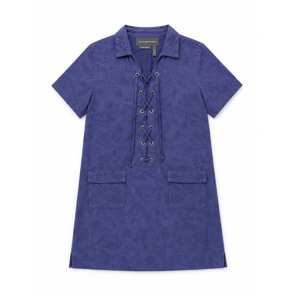 Anthropologie Floral Jacquard Lace Up Mini Dress Purple Short Sleeve Size 4